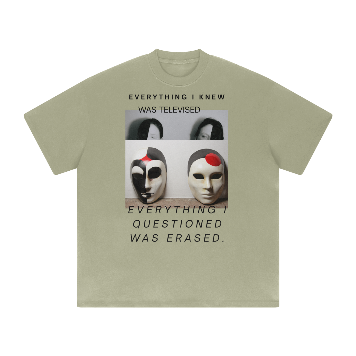 Grey green oversized political streetwear tee – surreal glitch face graphic SKPETIC MAINSTREAM message from PULP MAGA