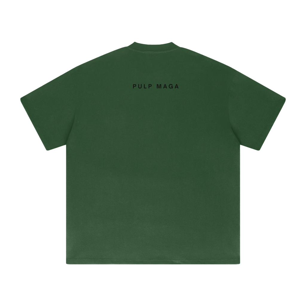 Back of dark green heavyweight unisex tee – editorial text layout from Misinformed by Design capsule