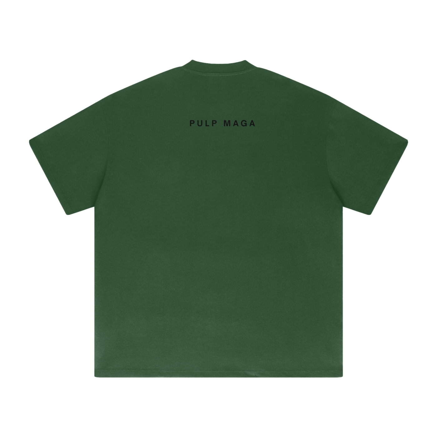 Back of dark green heavyweight unisex tee – editorial text layout from Misinformed by Design capsule