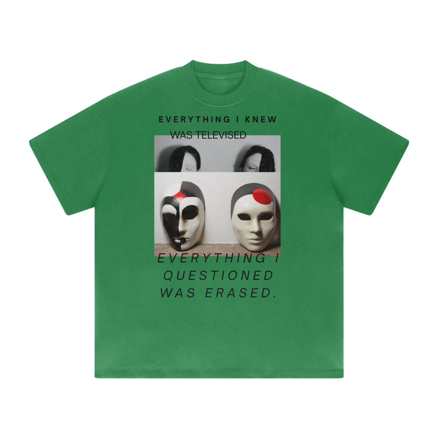 Fruit green MAGA streetwear tee – anti-media fashion graphic shirt with distorted mask design