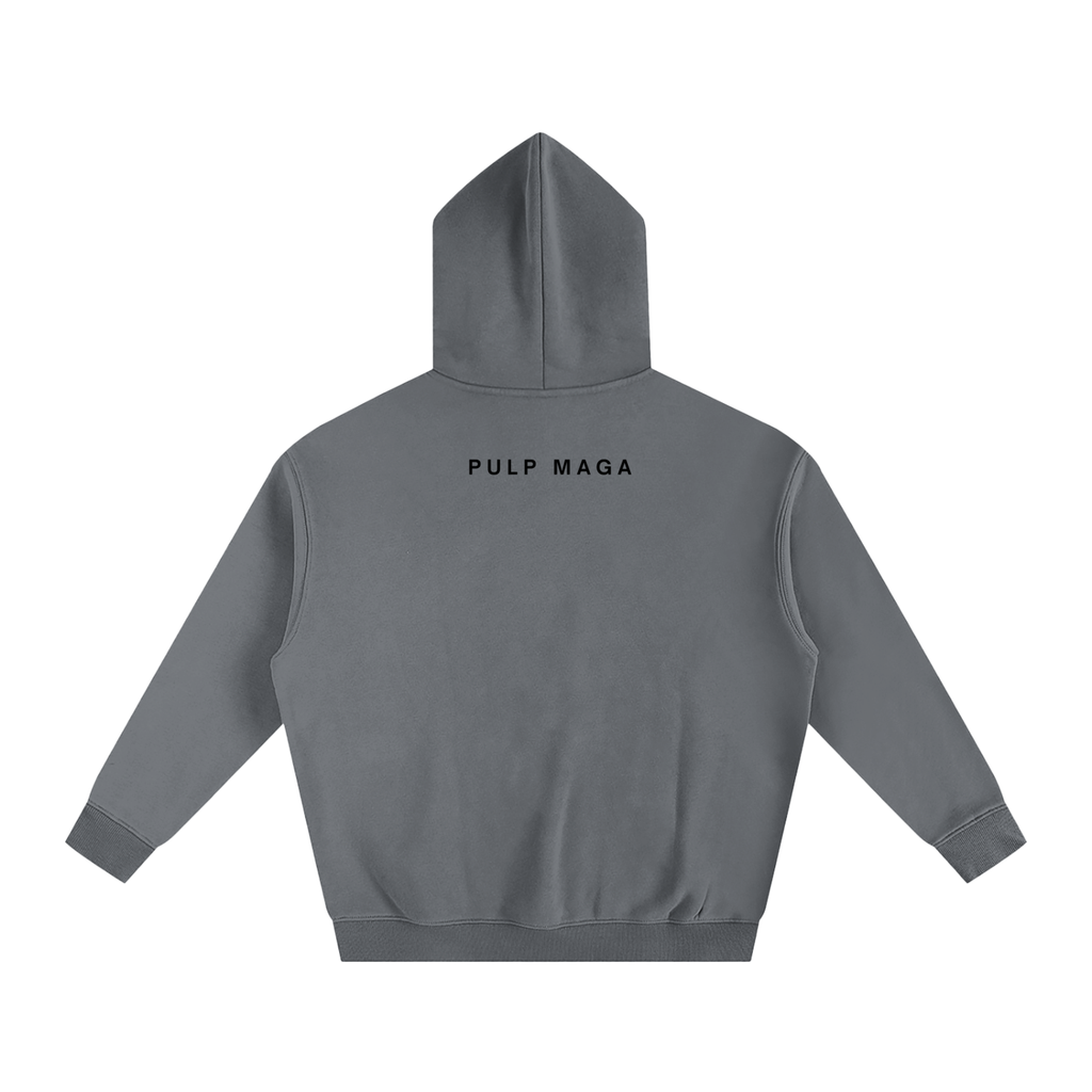 AESTHETIC REPUBLICAN RIGHT WING HOODIE WITH SMALL PULP MAGA TEXT ACROSS BACK ON FLEECE GRAY