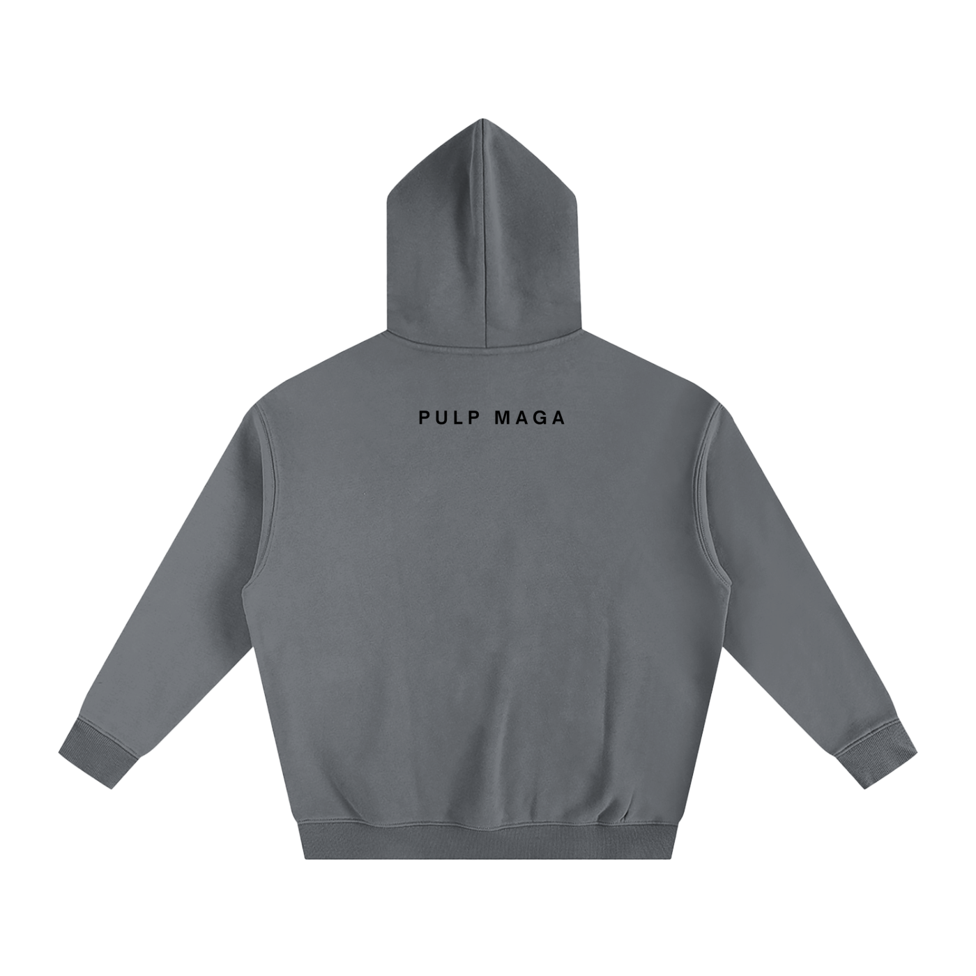 AESTHETIC REPUBLICAN RIGHT WING HOODIE WITH SMALL PULP MAGA TEXT ACROSS BACK ON FLEECE GRAY