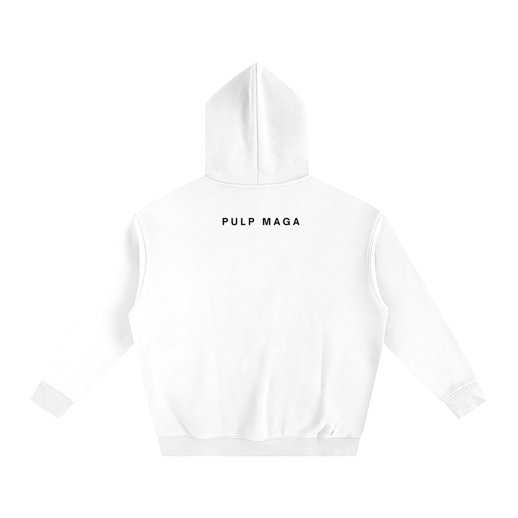 DESIGNER WHITE HOODIE WITH SUBTLE PULP MAGA BLACK TEXT WITH SOFT HEAVYWEIGHT FLEECE