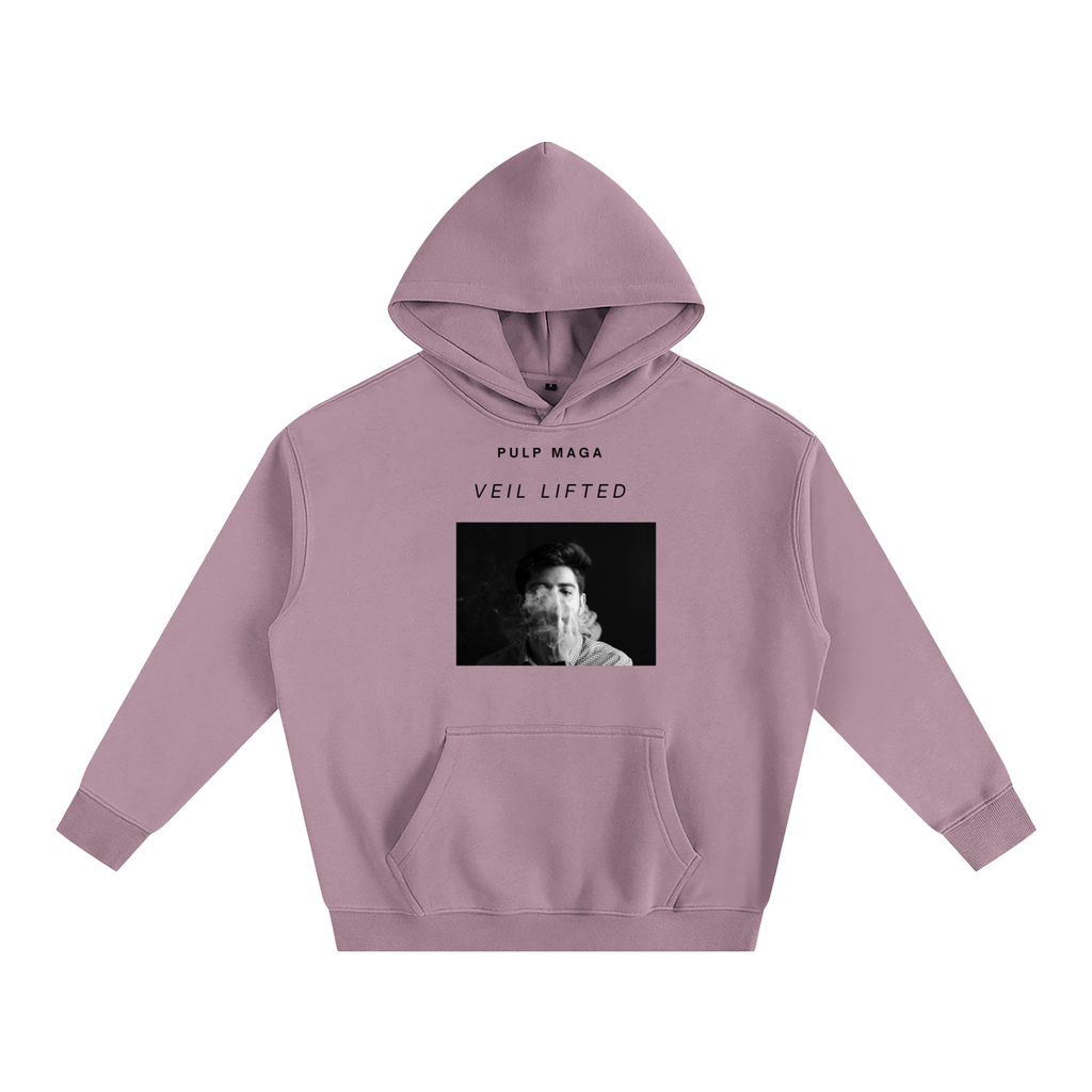 CANDY PURPLE HUE HOODIE WITH MODERN ART PRINT AND FUTURISTIC DOOM TEXT 'VEIL LIFTED' PULP MAGA