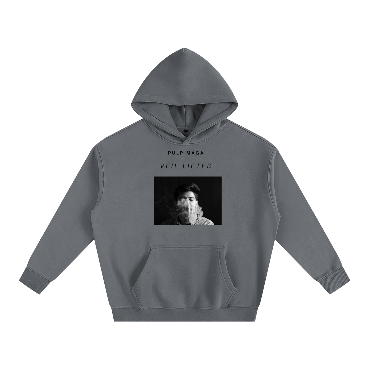 LO-FI BLUE GRAY FLEECE STREETWEAR OVERSIZE HOODIE WITH STYLE AESTHETIC PHOTO GRAPHIC OF MAN SMOKING AND MINIMAL TEXT