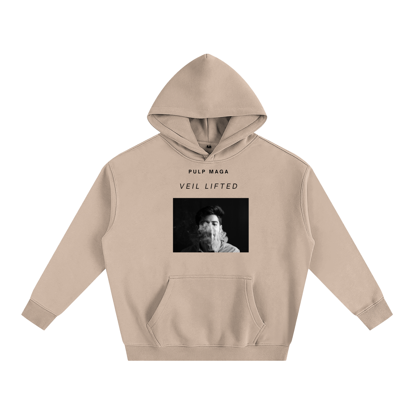 PHOTOGRAPHIC POLITICAL HOODIE WITH 'VIEL LIFTED' TEXT IN BLACK AND SOFT FLEECE ON EARTH TONE