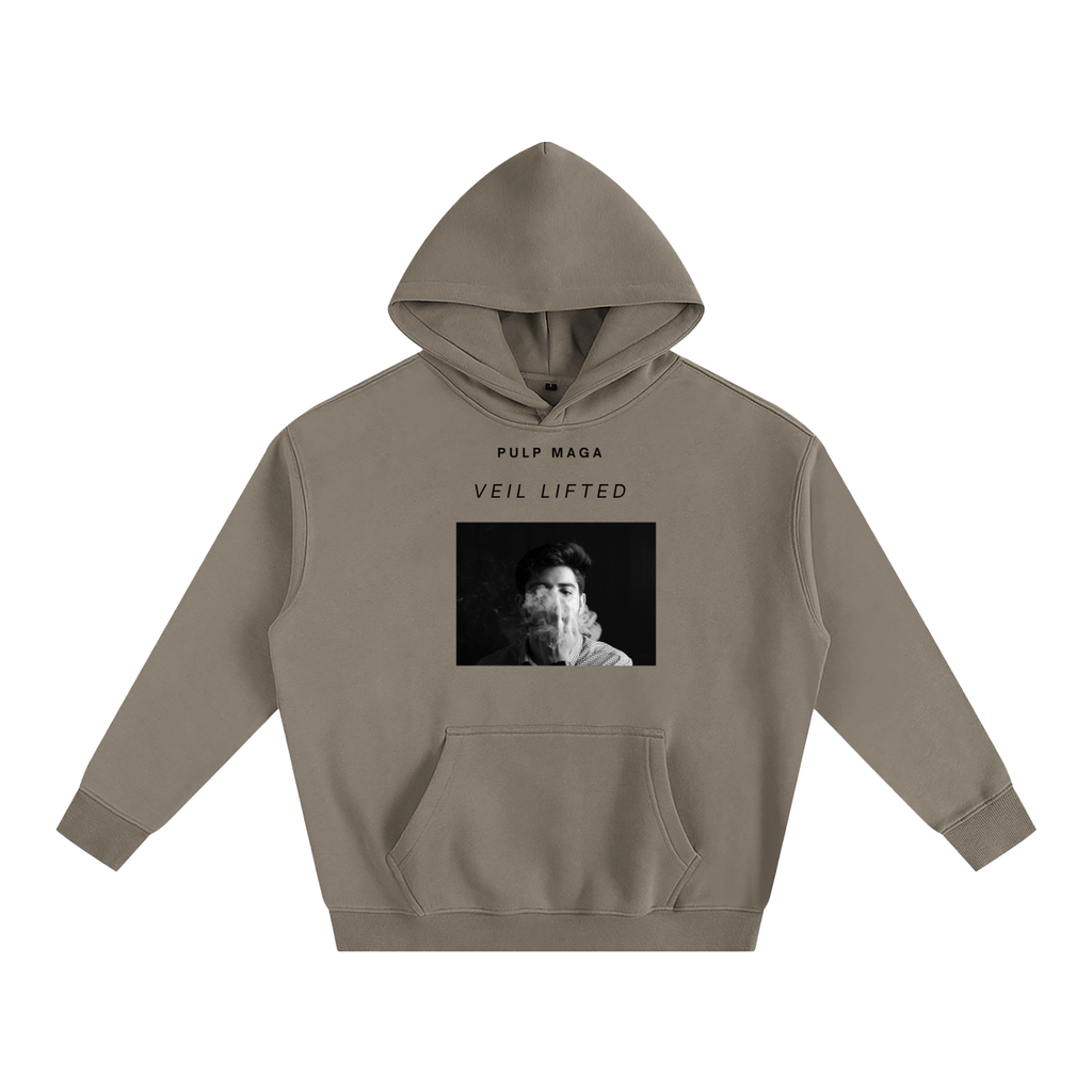 PALE GREEN FLEEXE STREETWEAR HOODIE WITH VOGUE STYLE PHOTO SMOKING BLACK AND WHITE PRINT AND AI TEXT 'VEIL LIFTED' PULP MAGA