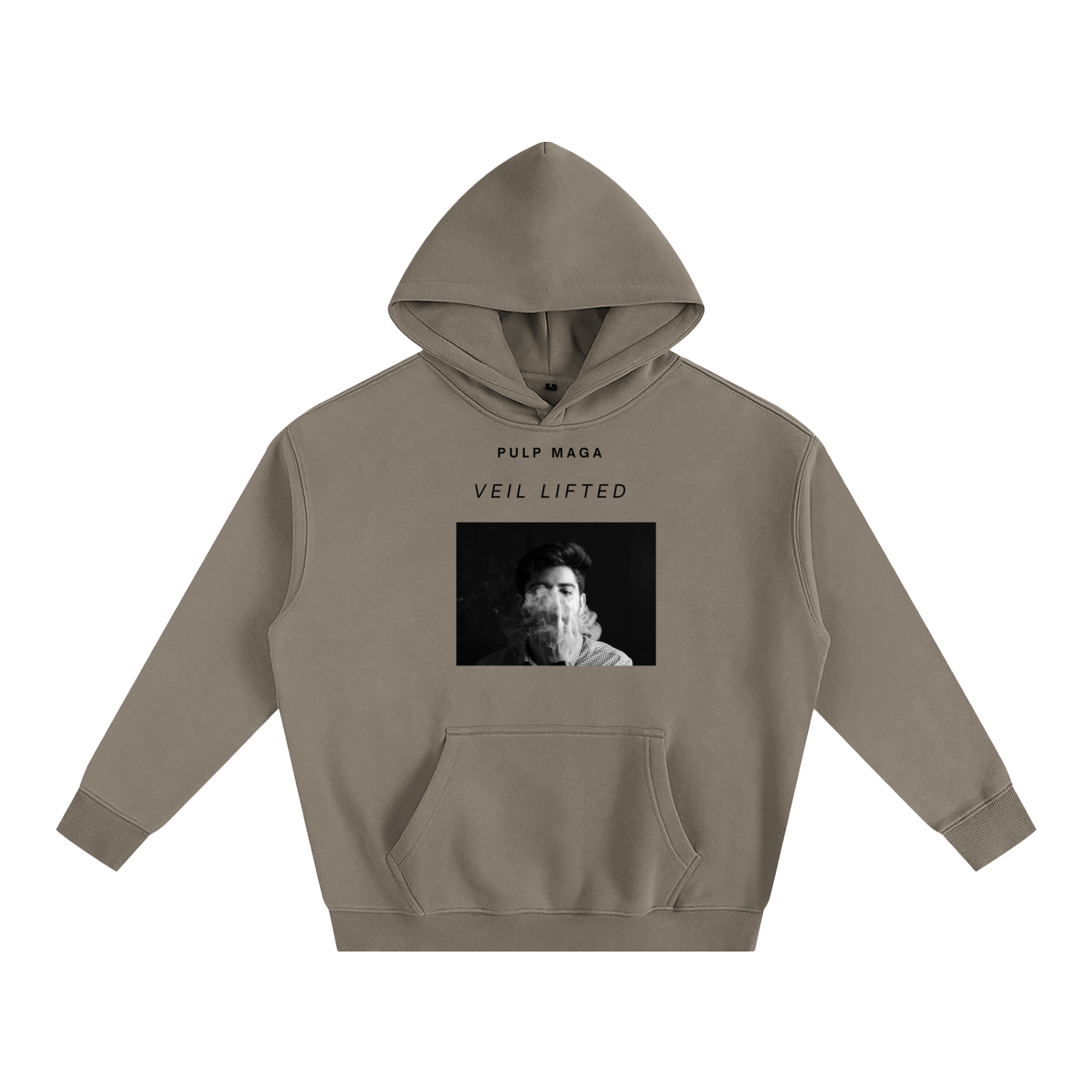 PALE GREEN FLEEXE STREETWEAR HOODIE WITH VOGUE STYLE PHOTO SMOKING BLACK AND WHITE PRINT AND AI TEXT 'VEIL LIFTED' PULP MAGA