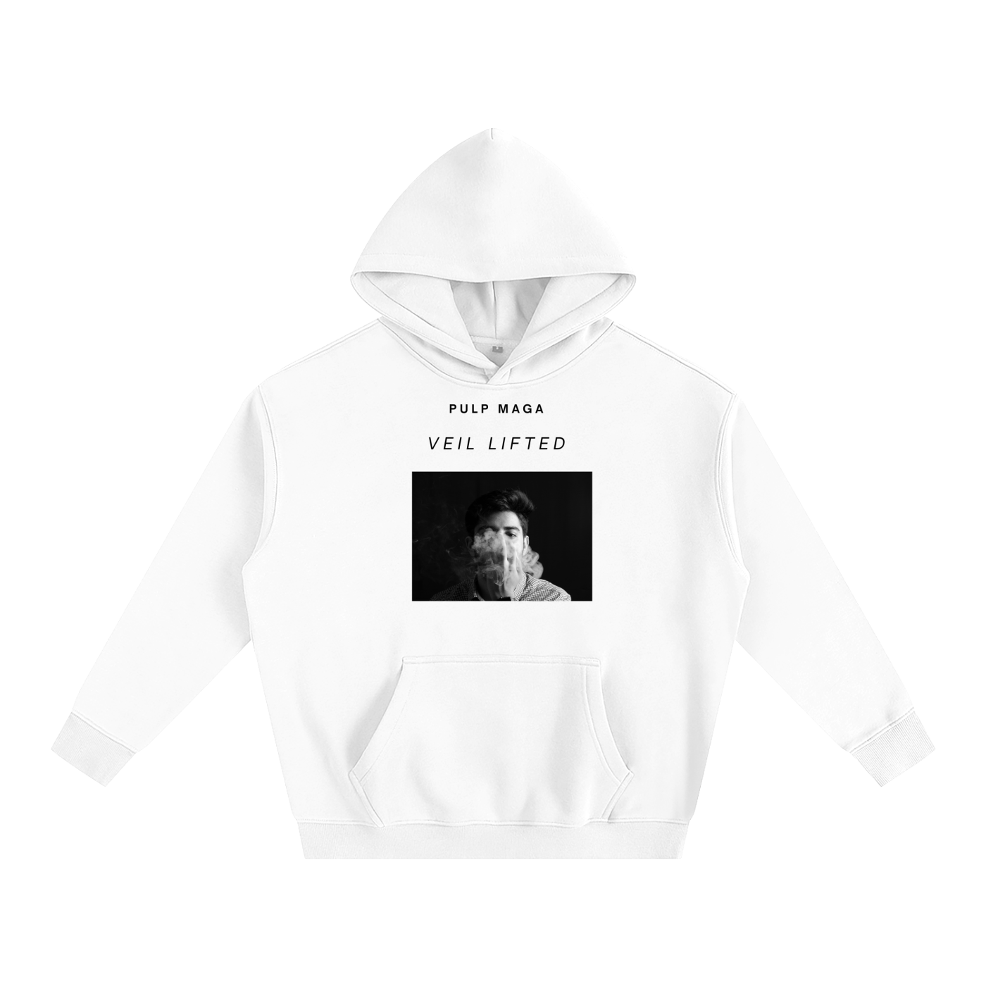 MINIMAL PHOTOGRAPHIC PRINT WITH MAN SMOKING ON DESIGNER LUX WHITE HOODIE WITH 'VEIL LIFTED' 