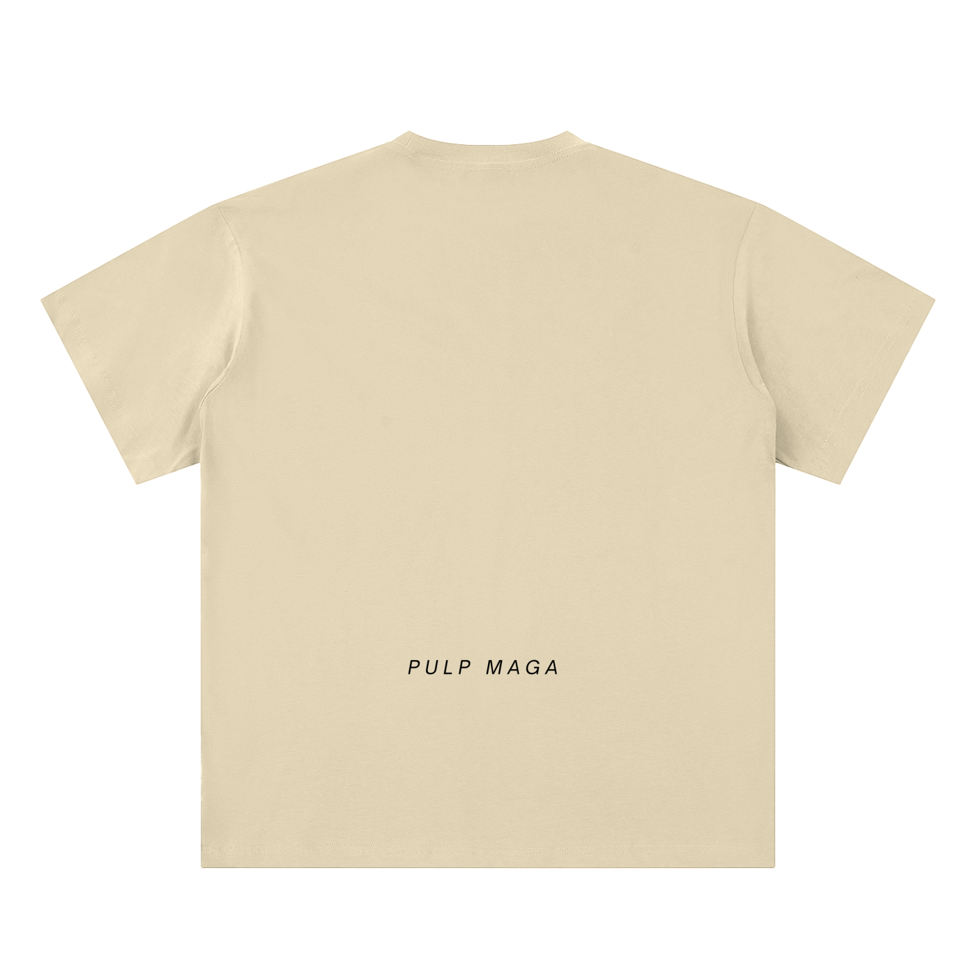 Beige t-shirt with 'PULP MAGA' text on a inimal eggshell background