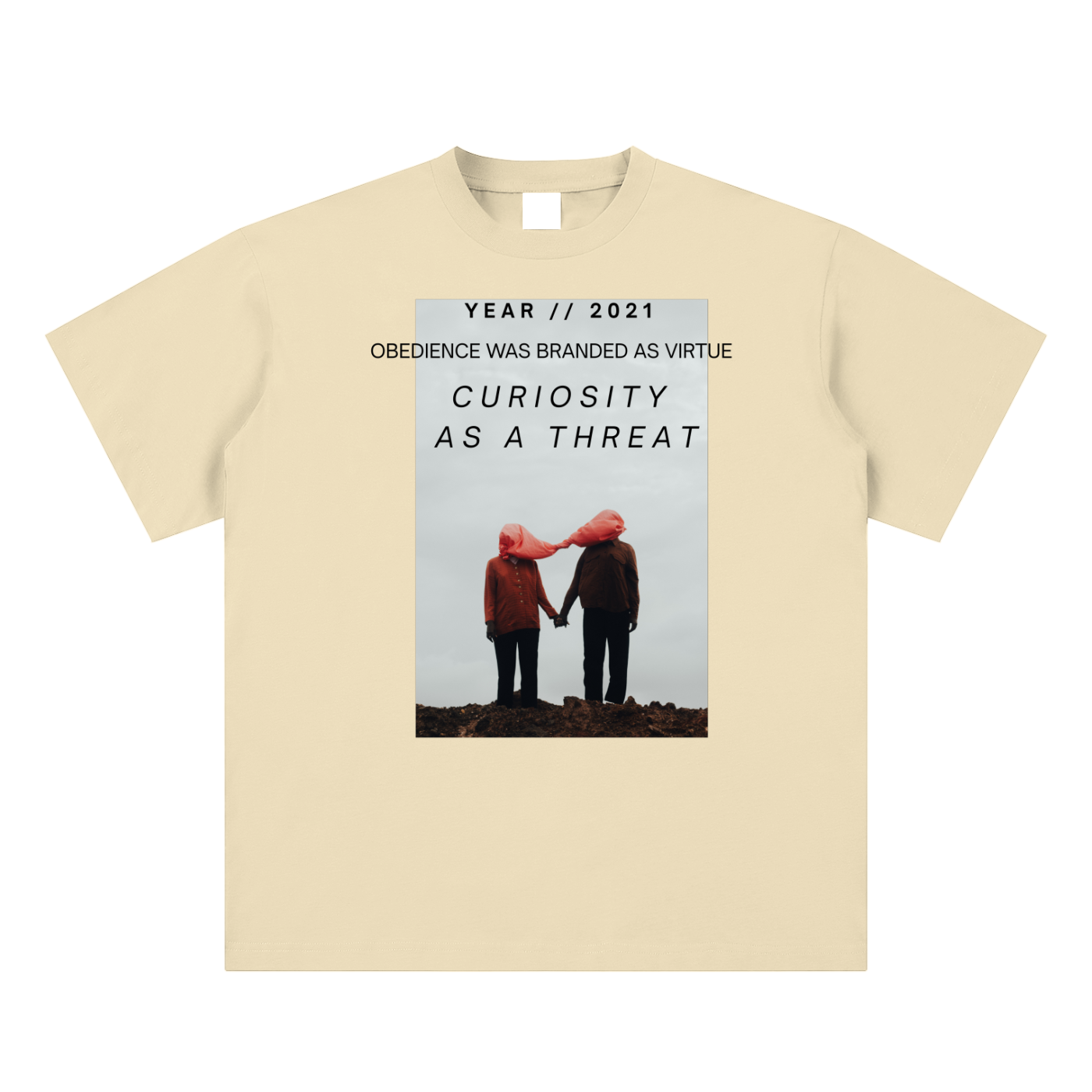 futuristic Sueded cotton tee with surreal COVID-era protest print