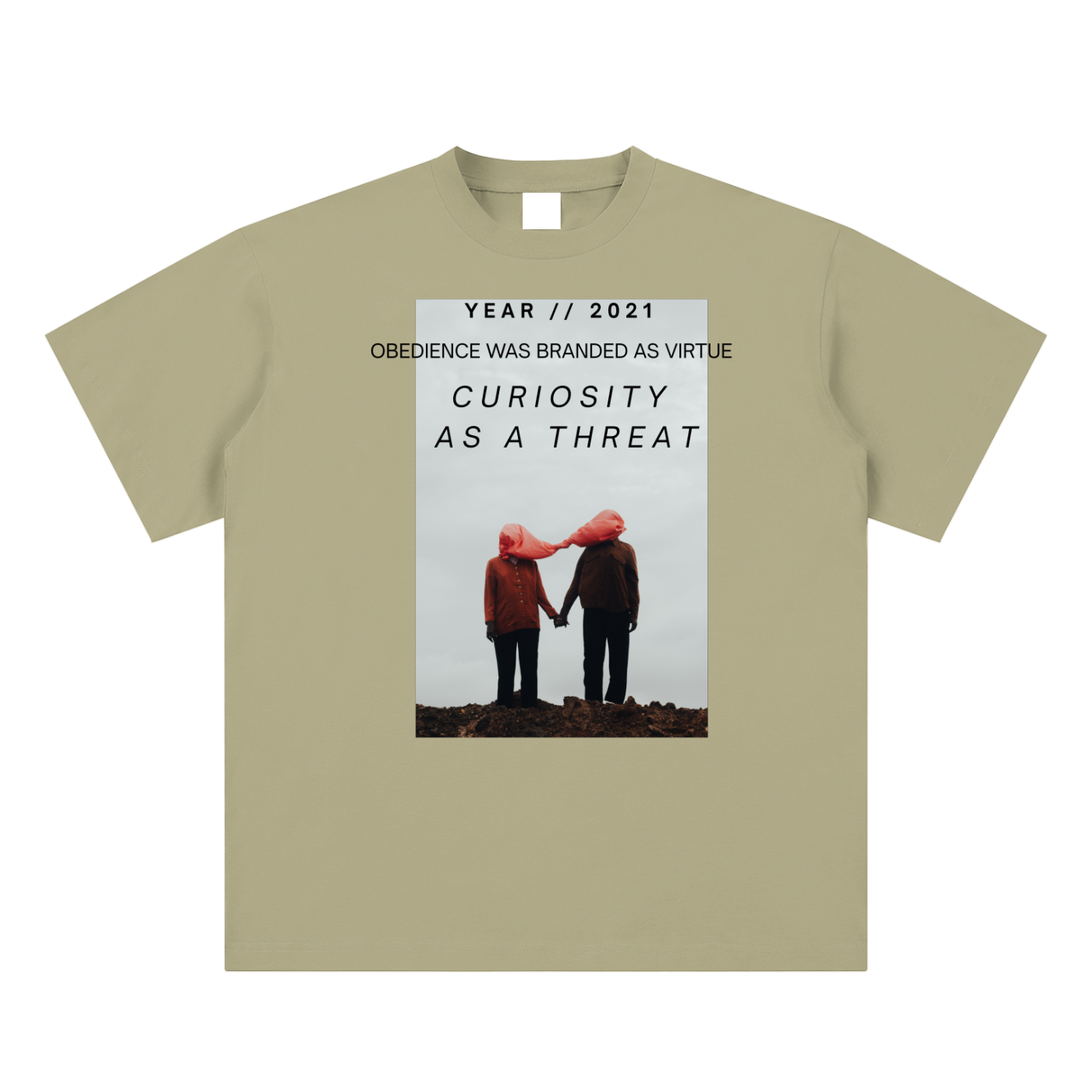 Sueded cotton tee with surreal COVID-era protest print on green premium t-shirt