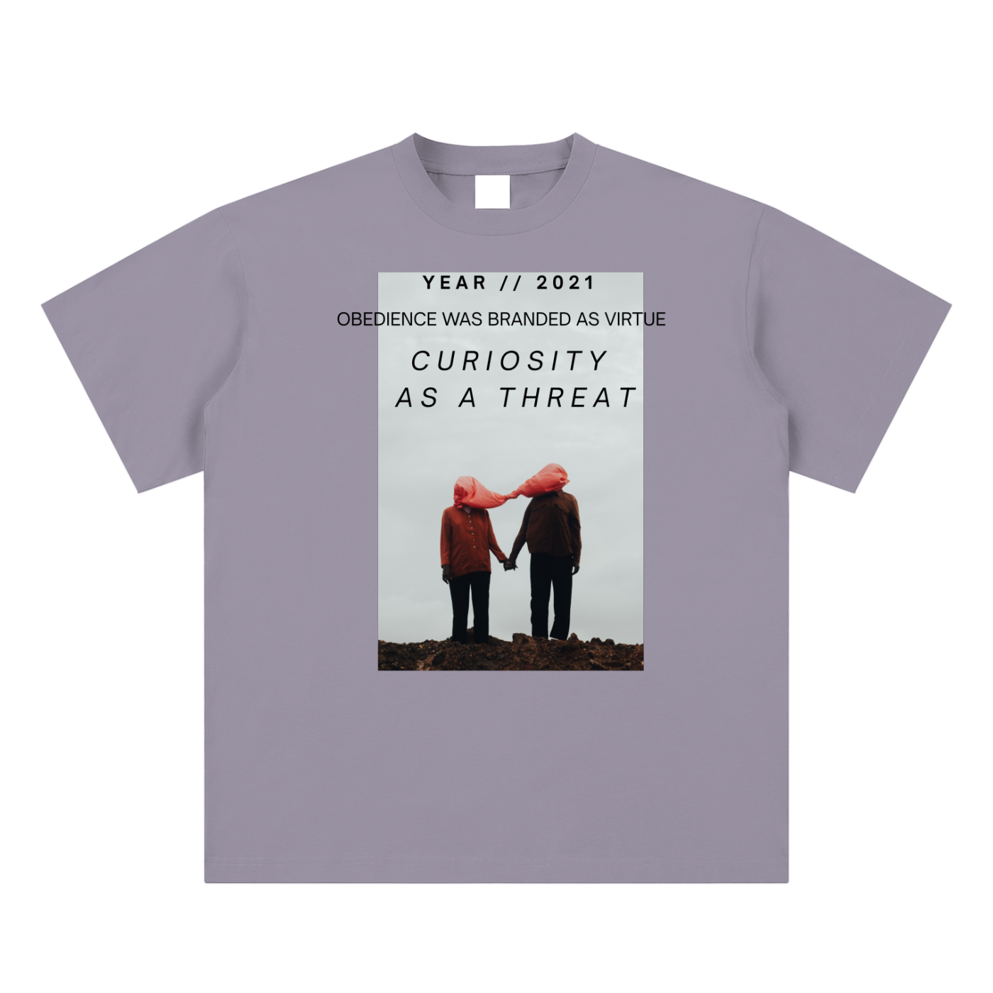 covid lockdown purple t-shirt with surreal graphic