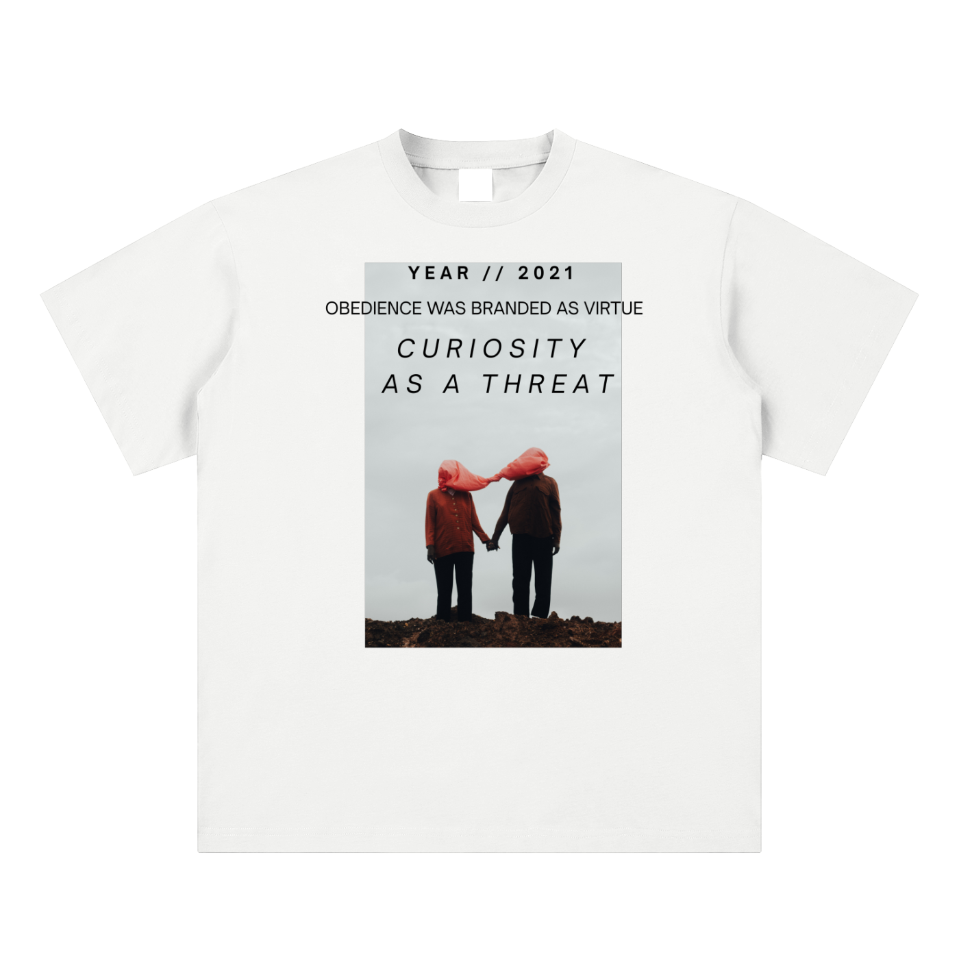 white Sueded cotton tee with surreal COVID-era protest print in high fashion editorial style