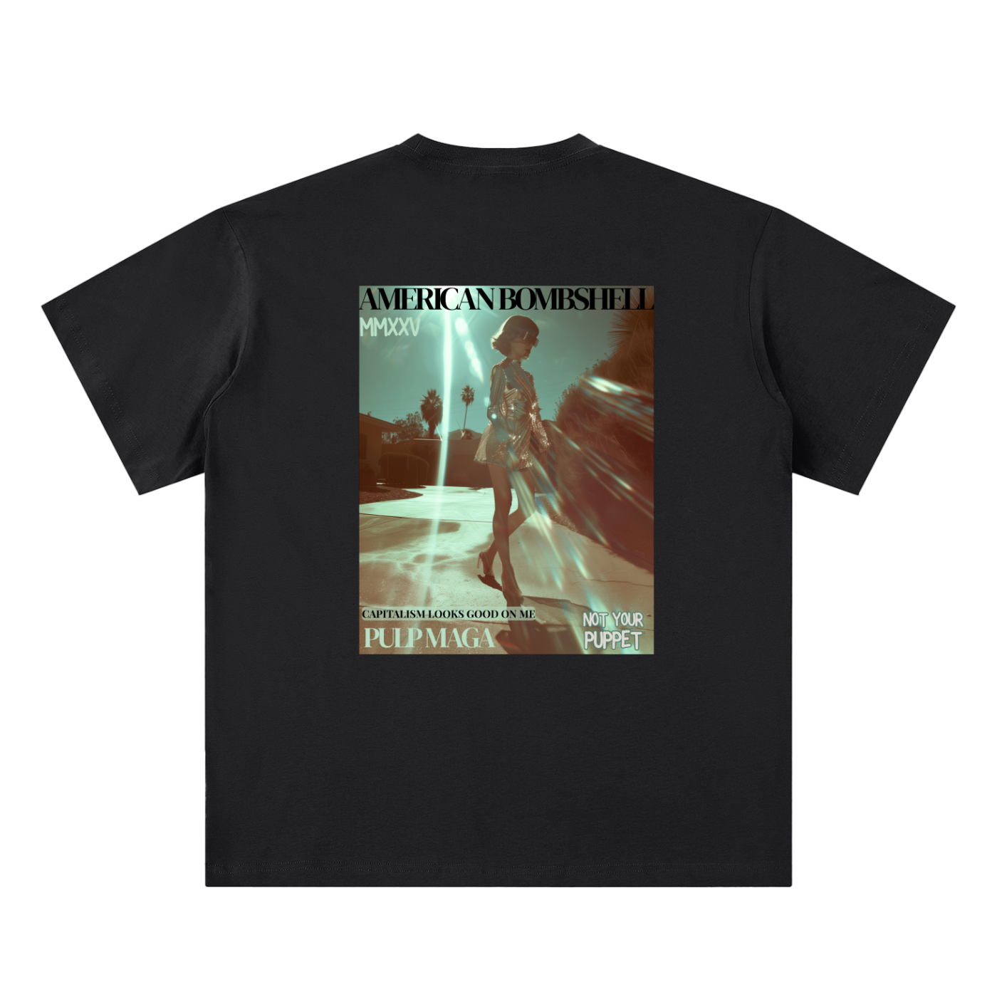 political graphic t-shirt back view in black featuring American Bombshell Noir editorial poster graphic on sueded cotton tee