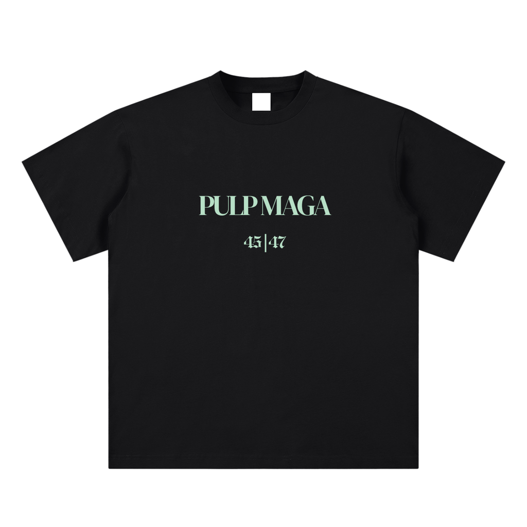 political graphic t-shirt front view in black with PULP MAGA logo and 45|47 detail on sueded cotton tee