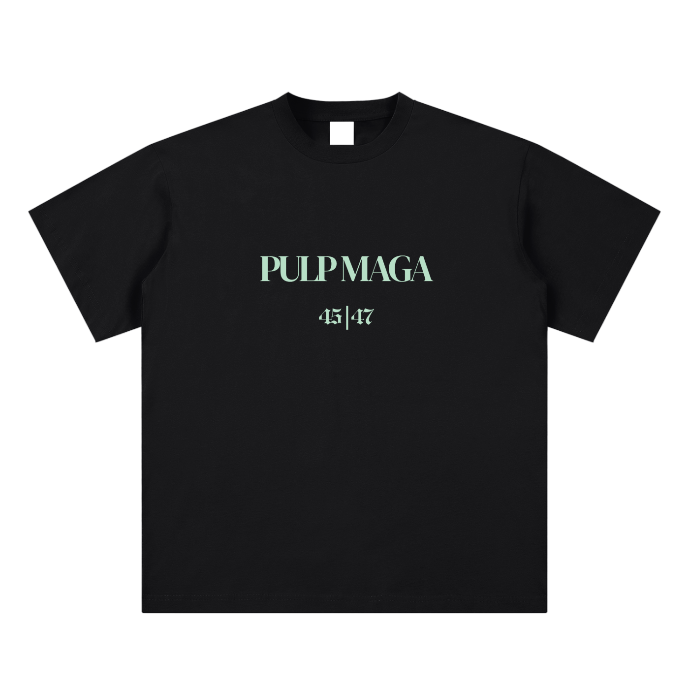political graphic t-shirt front view in black with PULP MAGA logo and 45|47 detail on sueded cotton tee