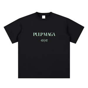 political graphic t-shirt front view in black with PULP MAGA logo and 45|47 detail on sueded cotton tee