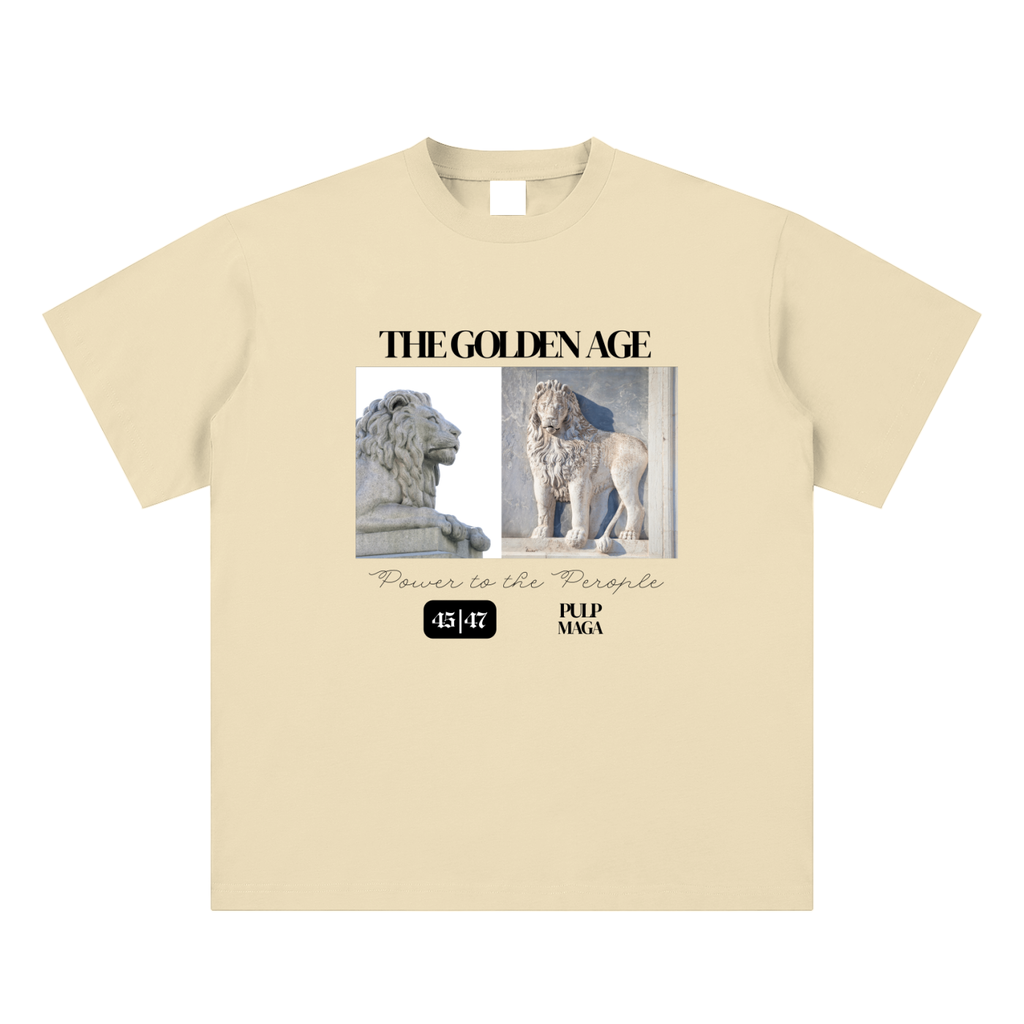 american pride t-shirt front view in apricot with Golden Age graphic on sueded cotton tee