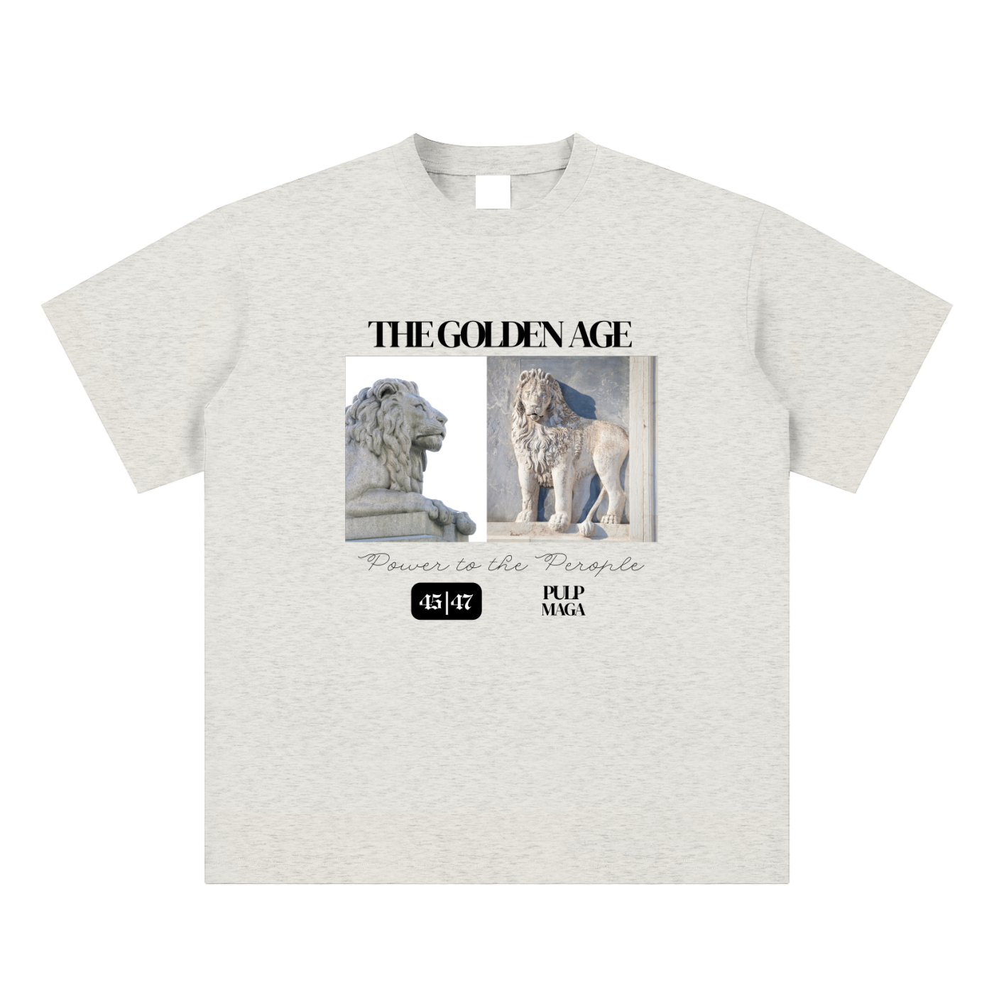 american pride t-shirt front view in oat gray with Golden Age graphic on sueded cotton tee