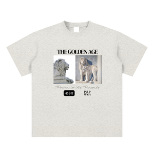 american pride t-shirt front view in oat gray with Golden Age graphic on sueded cotton tee