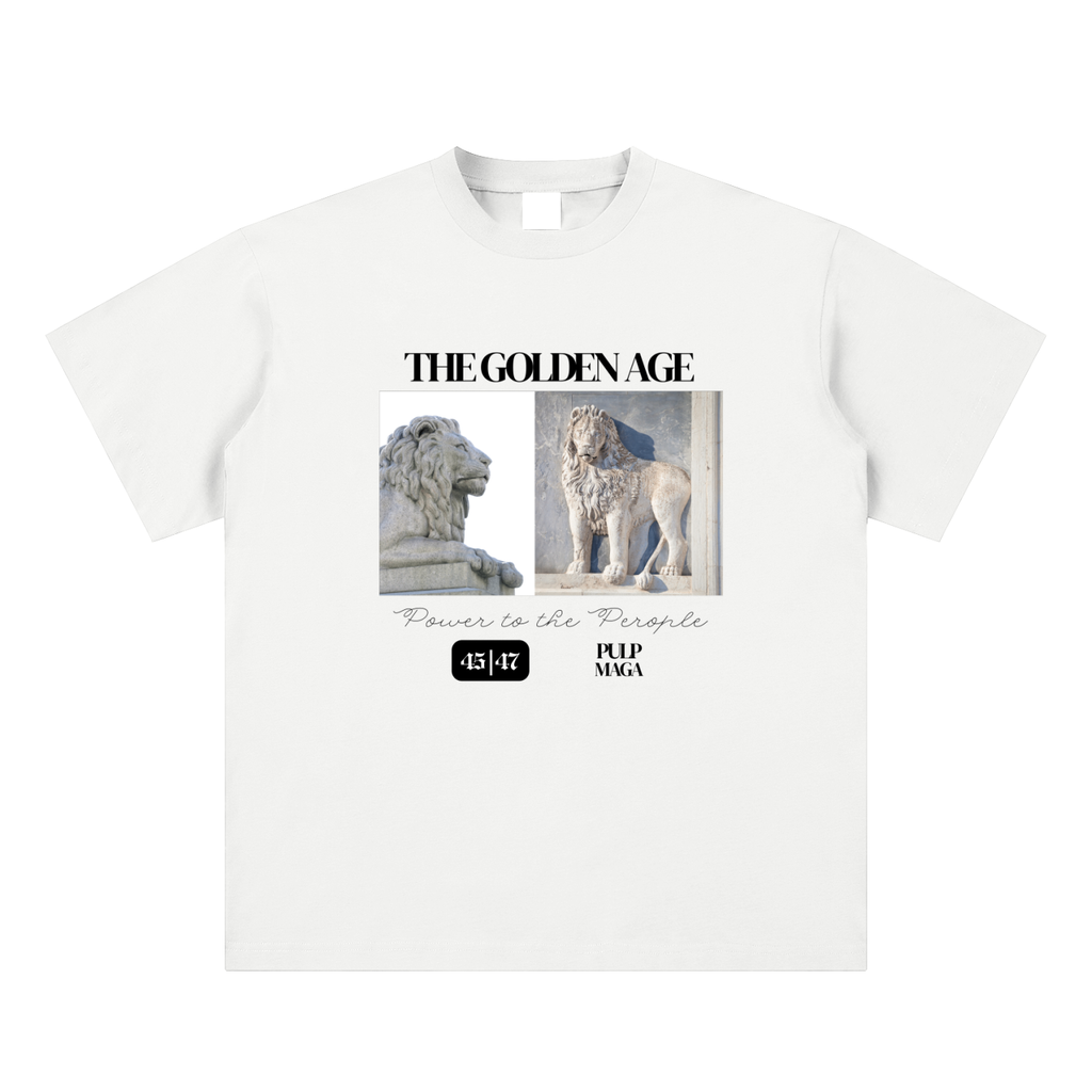 american pride t-shirt front view in white with Golden Age graphic on sueded cotton tee