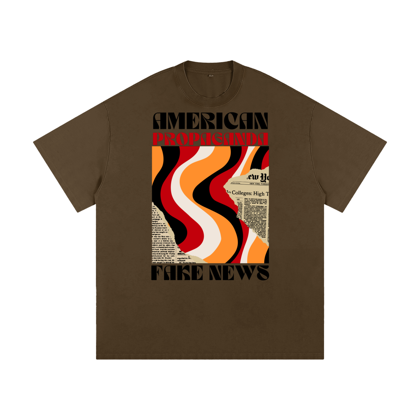 brown pulp maga t-shirt with vintage retro style newsprint graphic and 'american propaganda - fake news text'