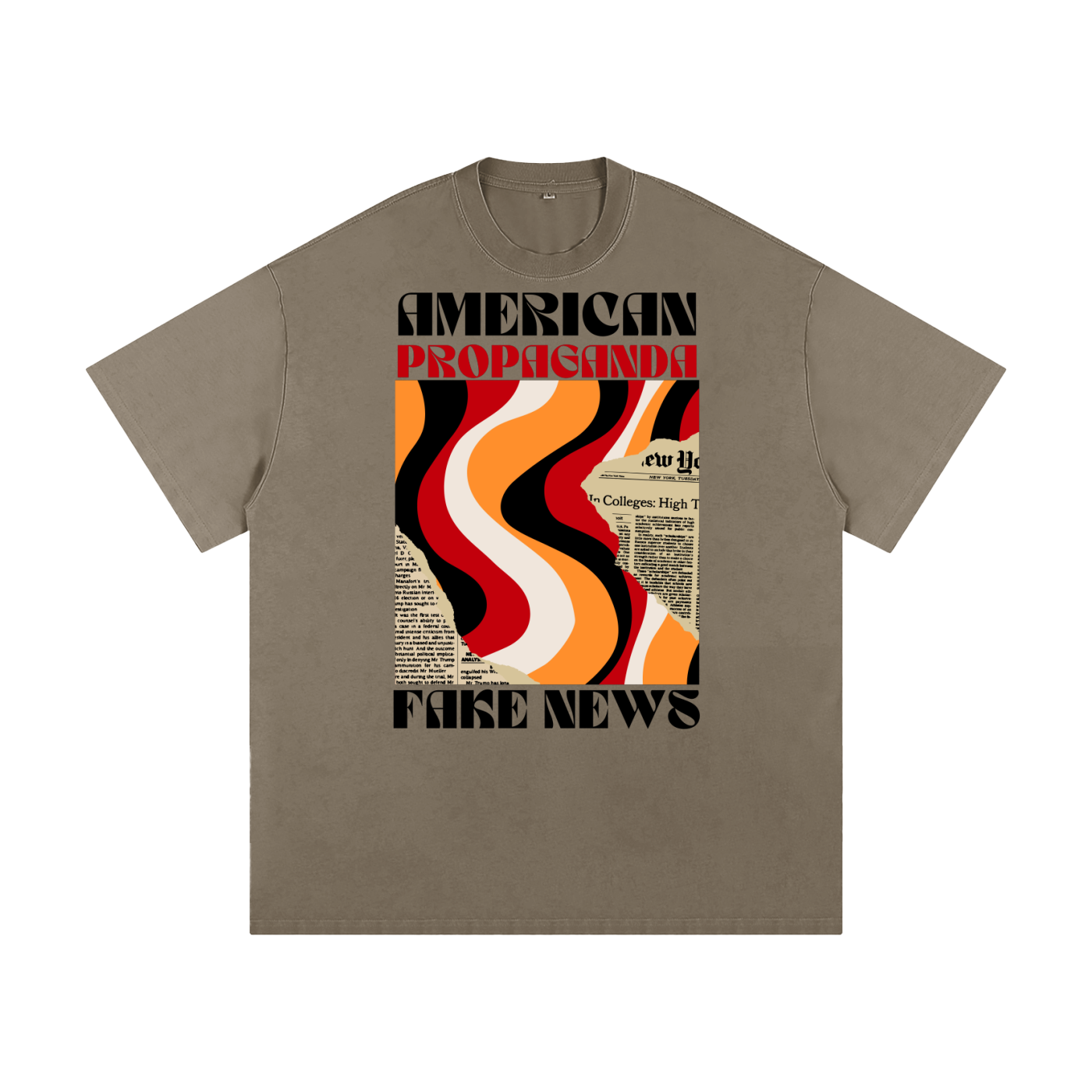 light brown maga shirt with retro graphic and text 'american propaganda fake news'