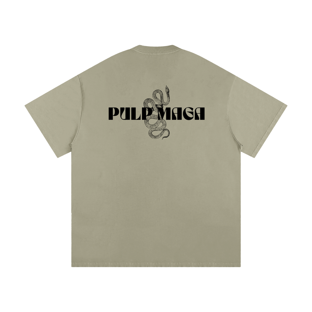 neutral color tee with pulp maga logo in streetwear style font in black