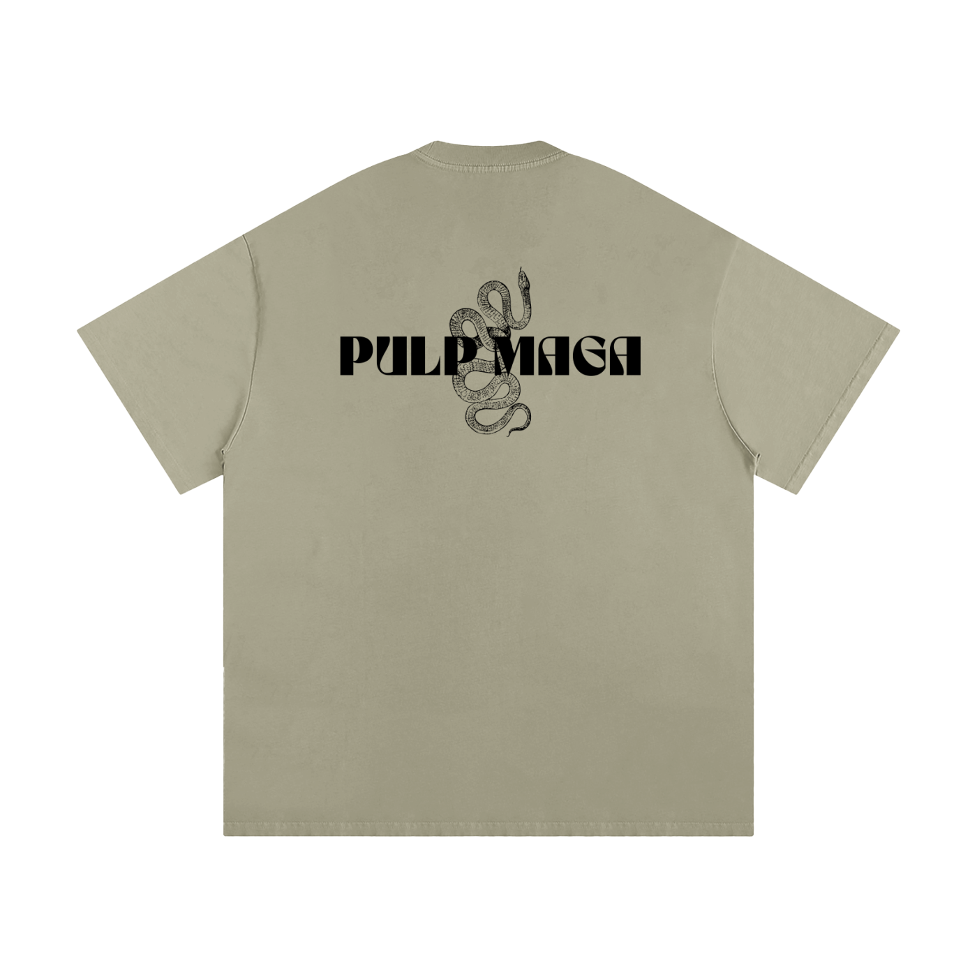 neutral color tee with pulp maga logo in streetwear style font in black