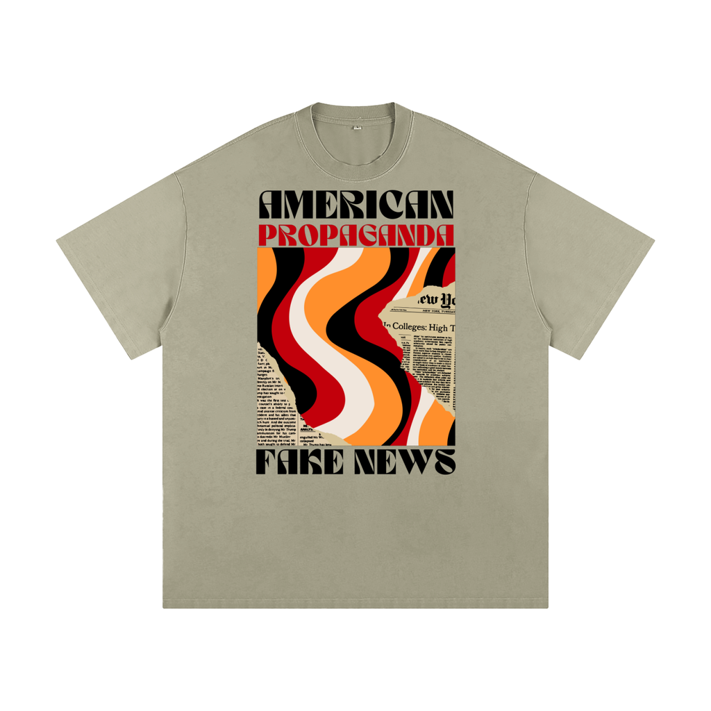 neutral color t-shirt with psychedelic news graphic with 'fake news' text 