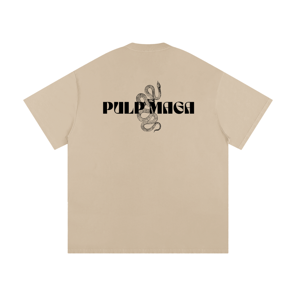 Beige t-shirt with 'Pulp Maga' text and snake design on a khaki background