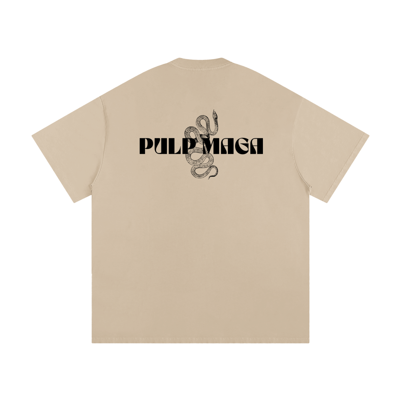 Beige t-shirt with 'Pulp Maga' text and snake design on a khaki background