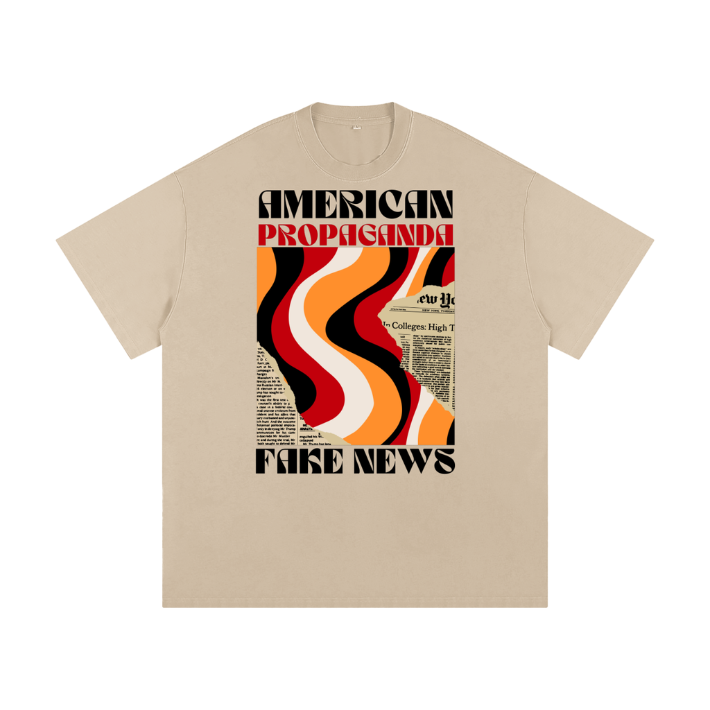 beige t-shirt with trippy graphic and 'fake news' text for pulp maga