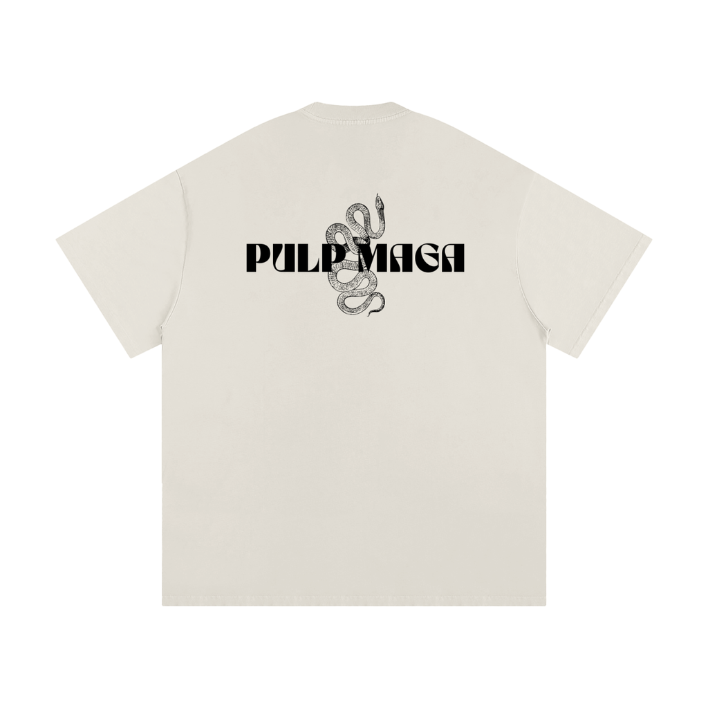 Beige t-shirt with 'Pulp Maga' text and snake design on a neutral background