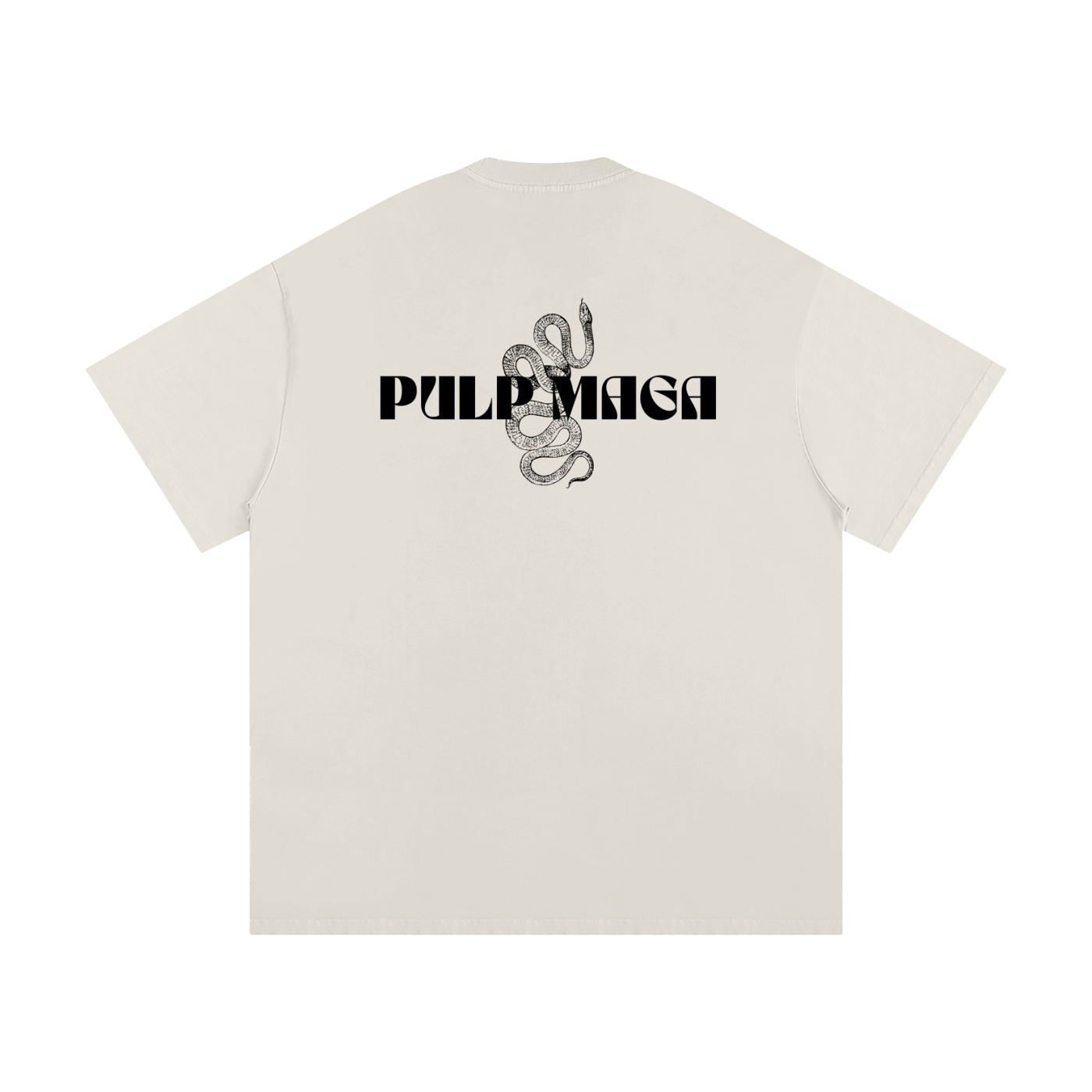 Beige t-shirt with 'Pulp Maga' text and snake design on a neutral background