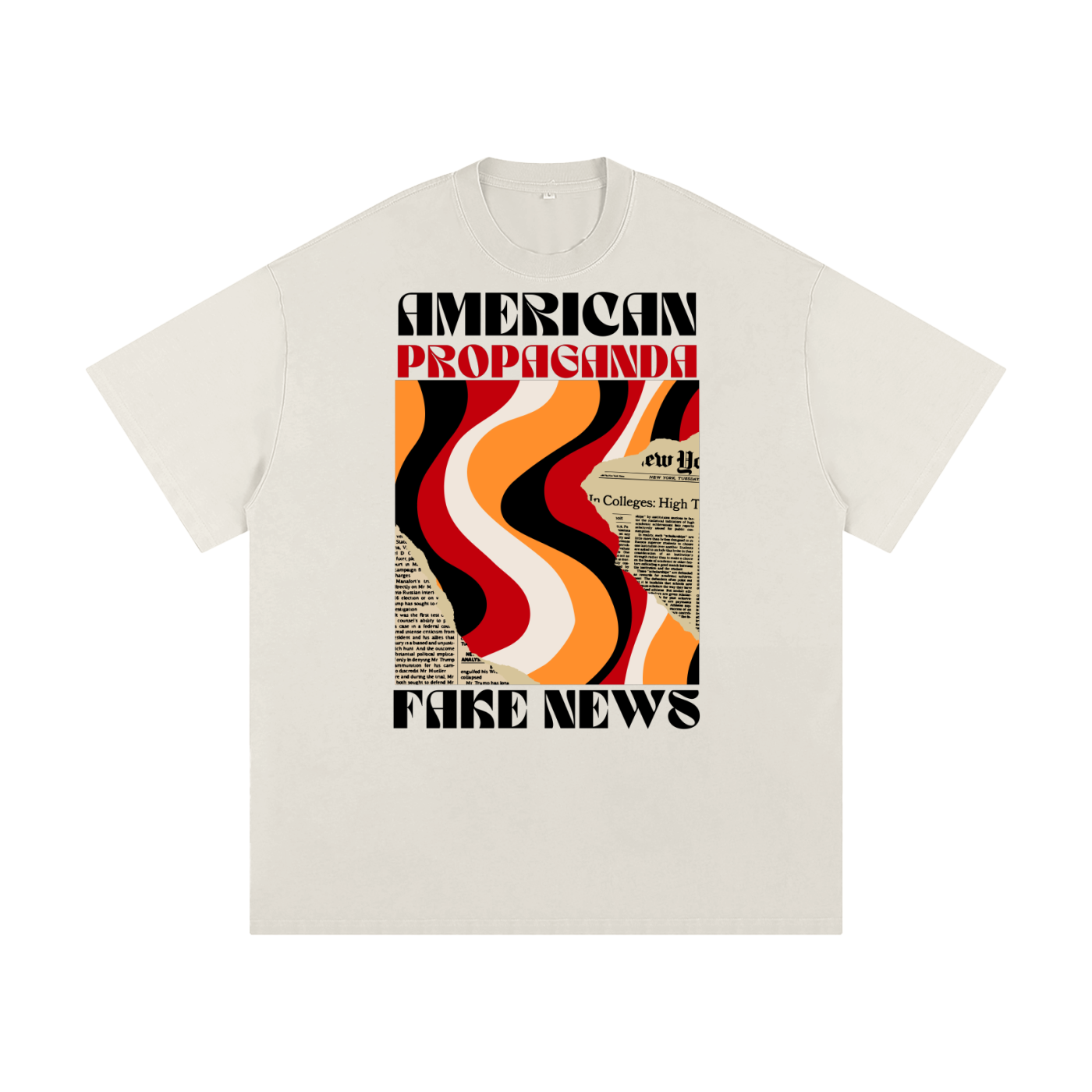 Beige t-shirt with 'American Propaganda Fake News' graphic design on a neutral background