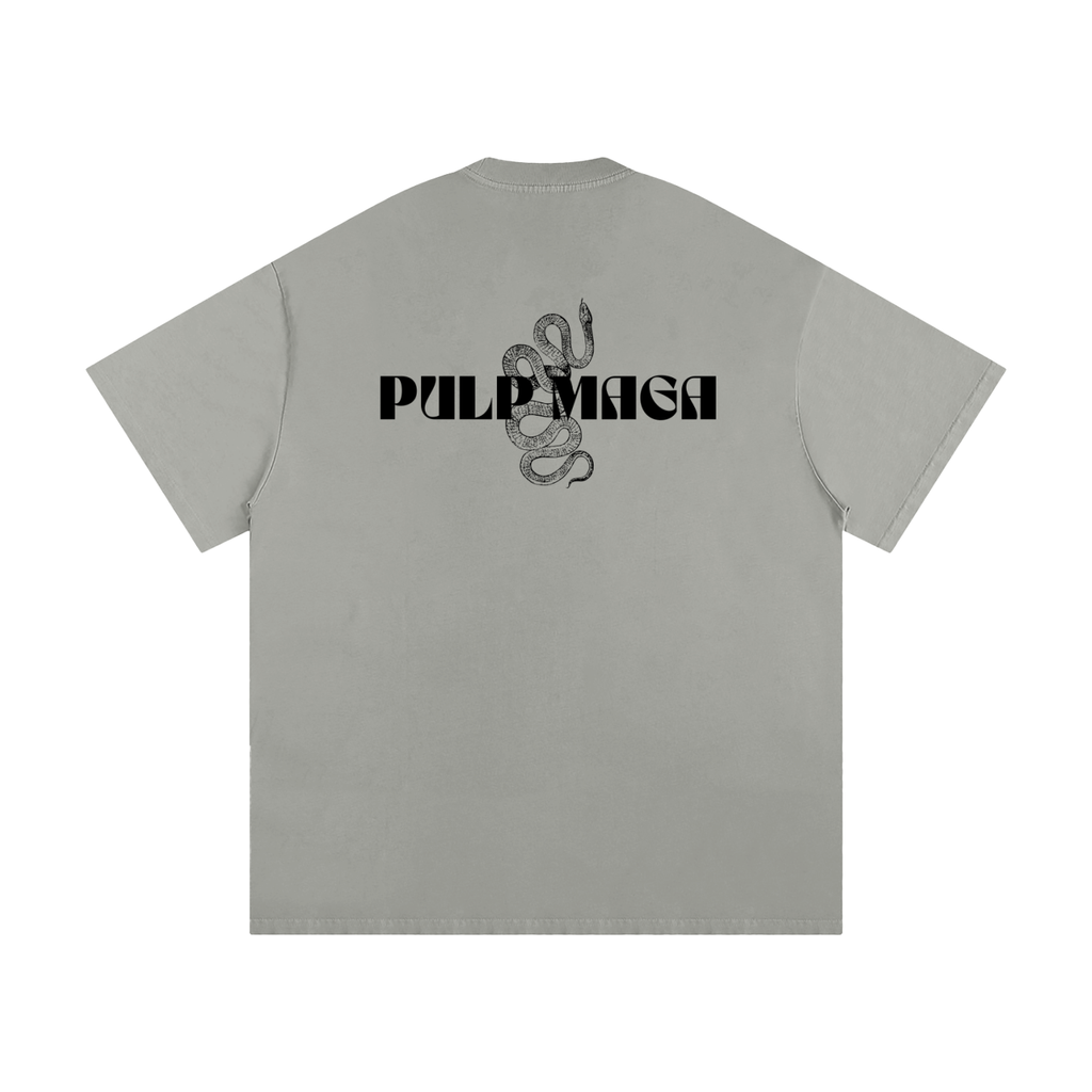 Gray t-shirt with 'Pulp Maga' logo on the back against a minimal background