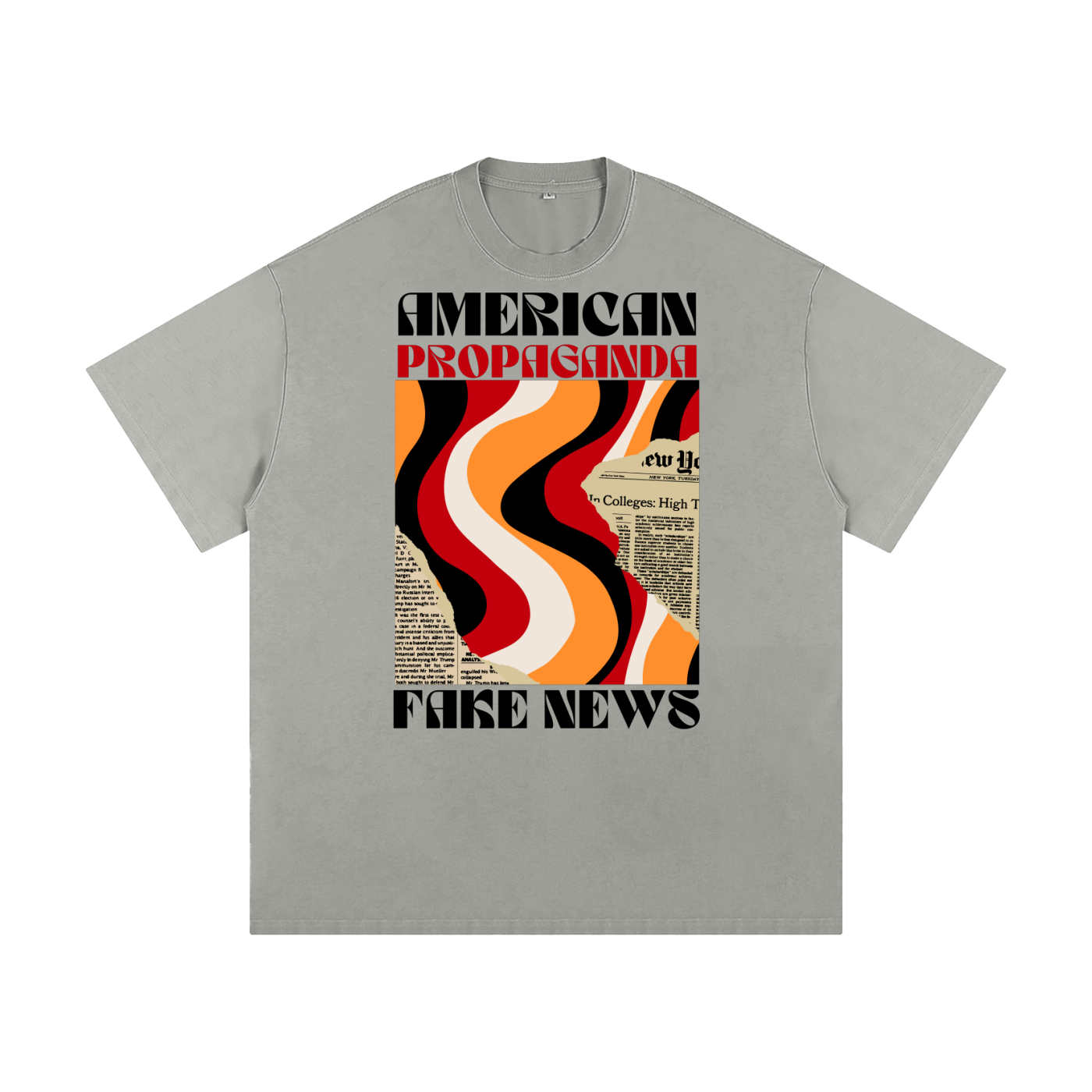 light gray t-shirt with retro graphic and 'american propaganda - fake news text'