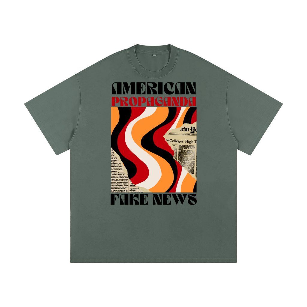 luxury green t-shirt with retro graphic and 'fake news american propaganda text'