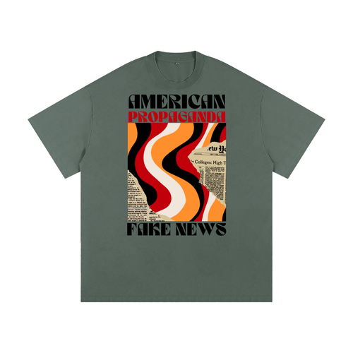 luxury green t-shirt with retro graphic and 'fake news american propaganda text'