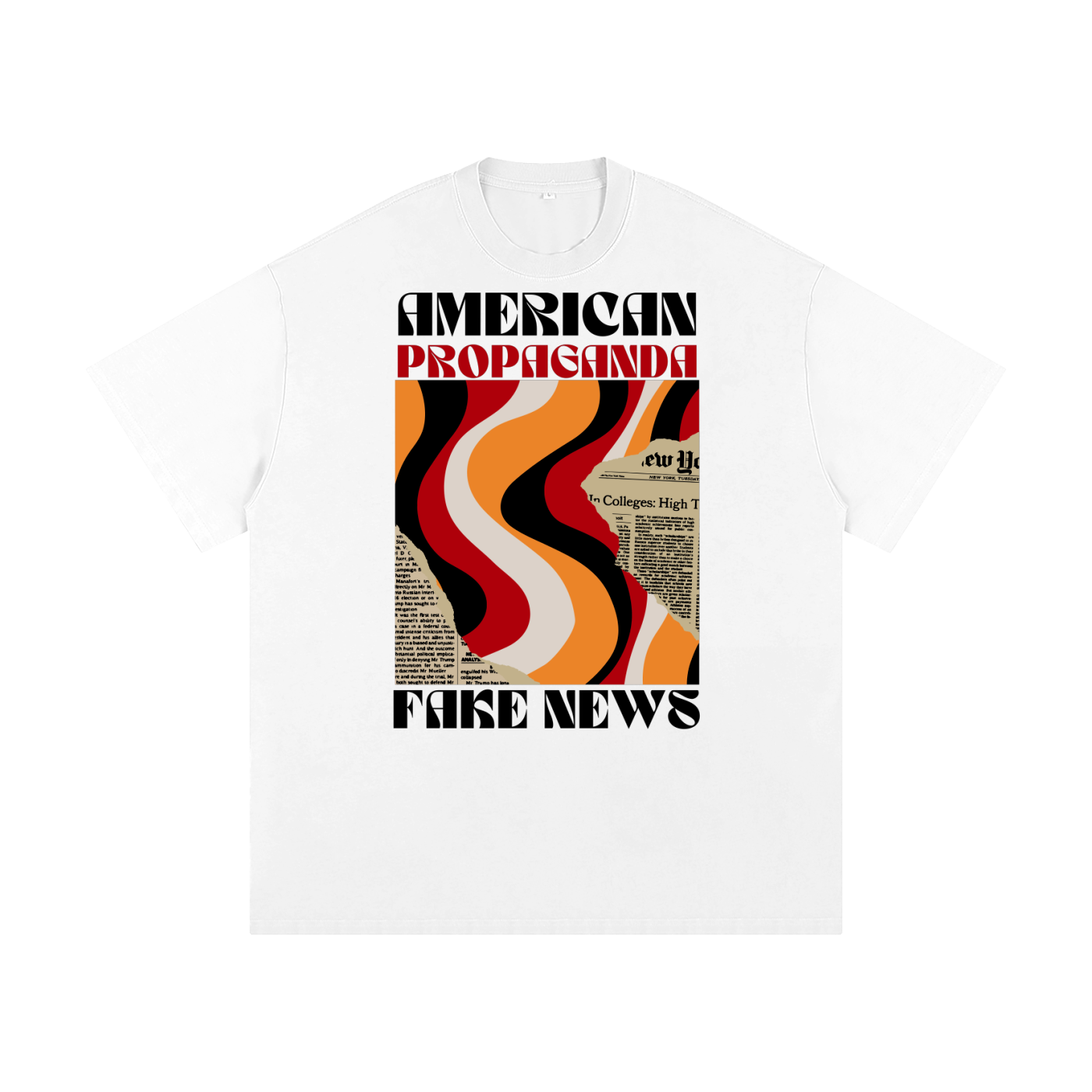 white t-shirt with retro fake news graphic and 'american propaganda' text