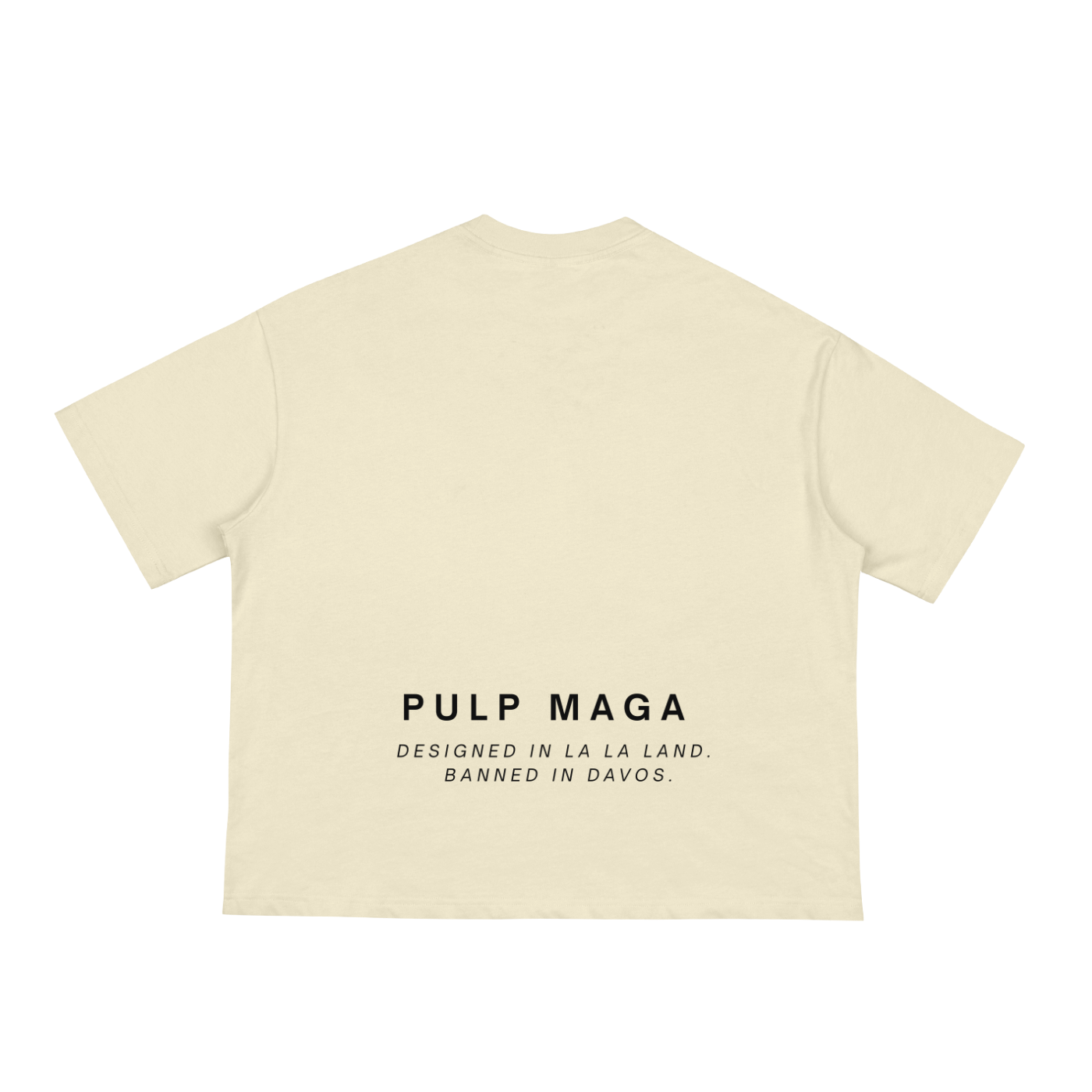 minimal banned in davos maga logo on pale yellow shirt back