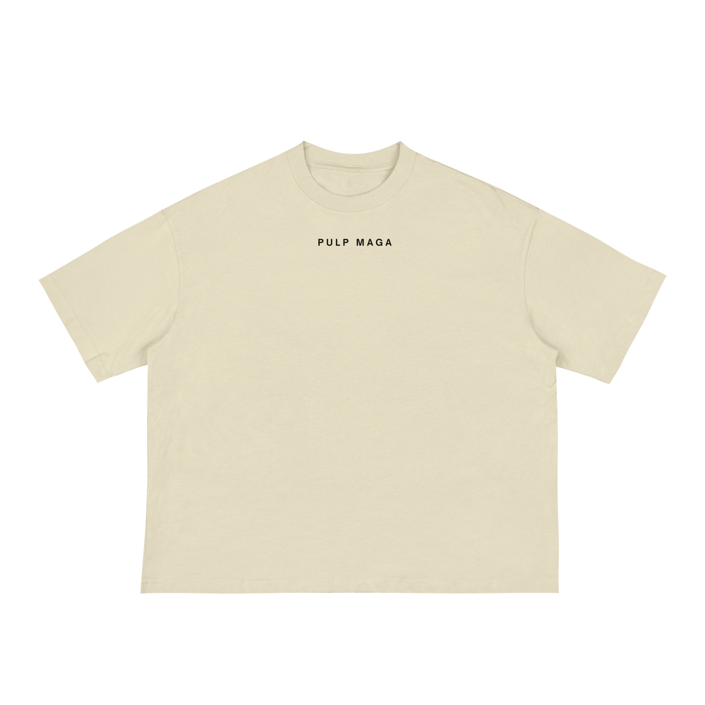 minimal pulp maga logo on pale yellow t-shirt