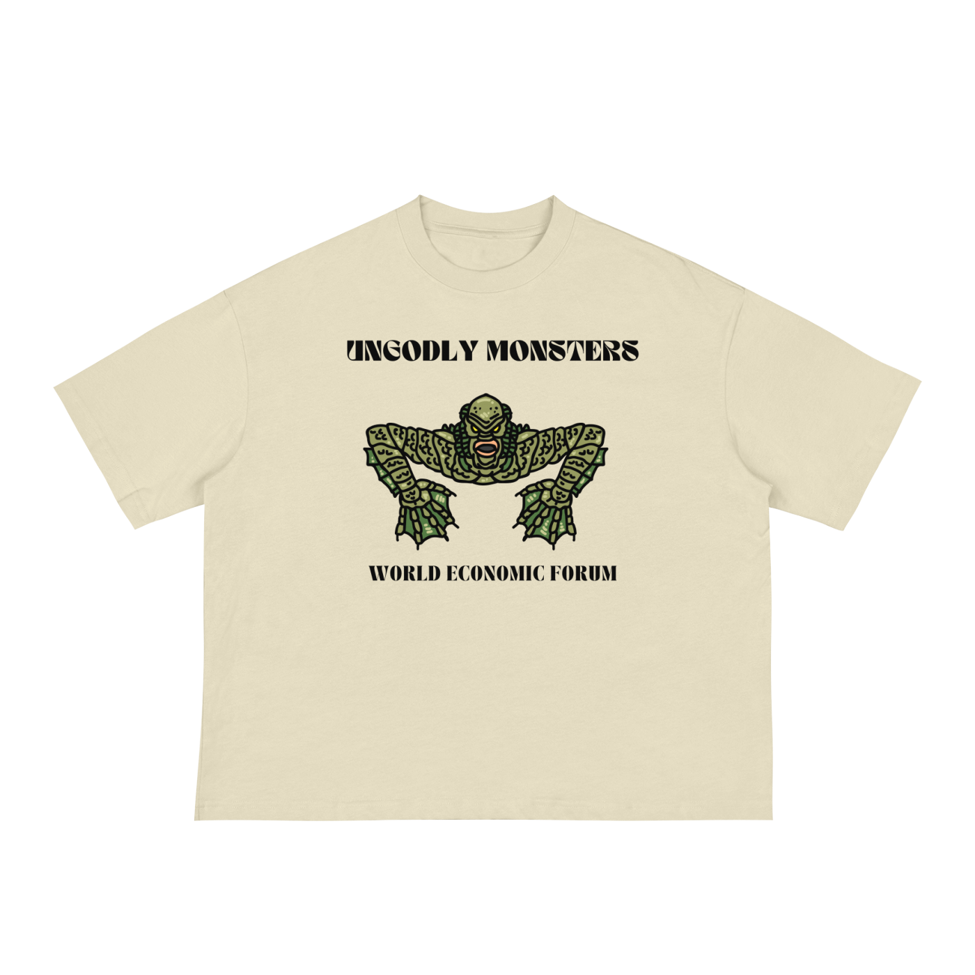 cream graphic world economic forum boxy tee with monster graphic