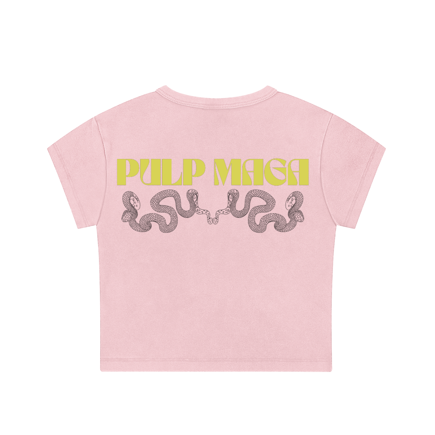 pink crop top with groovy pulp maga graphic logo