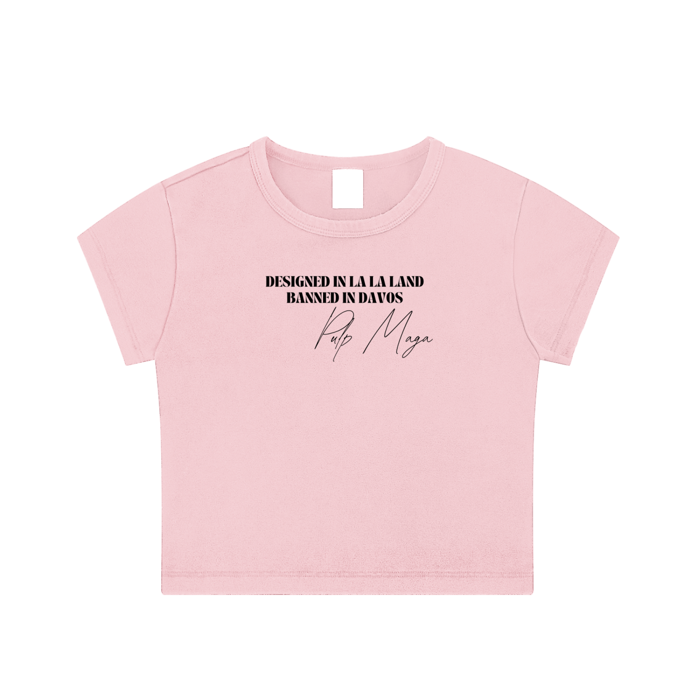 pink republican women crop top with banned in davos designed in los angeles signature pulp maga logo