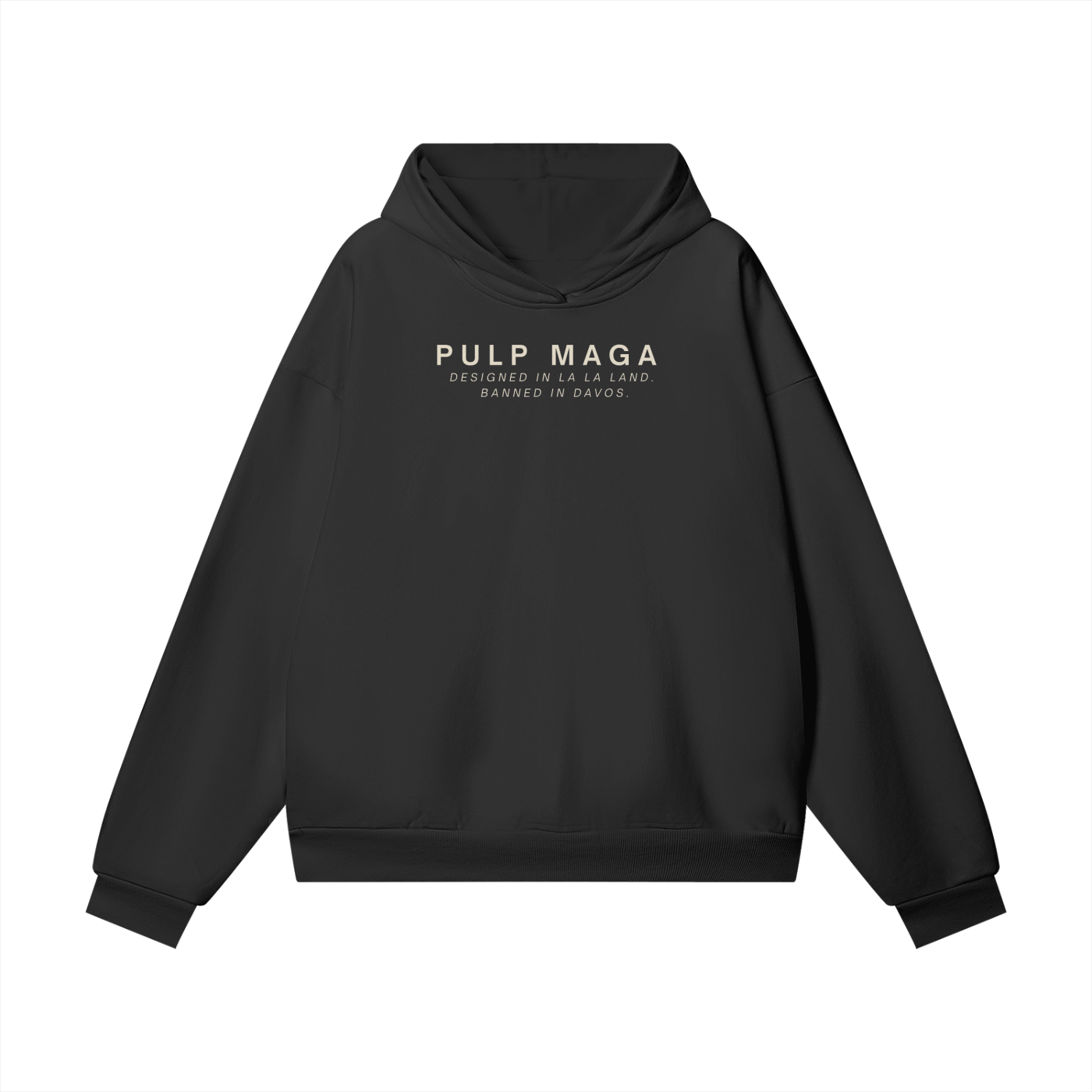black hoodie with minimal pulp maga banned in davos logo
