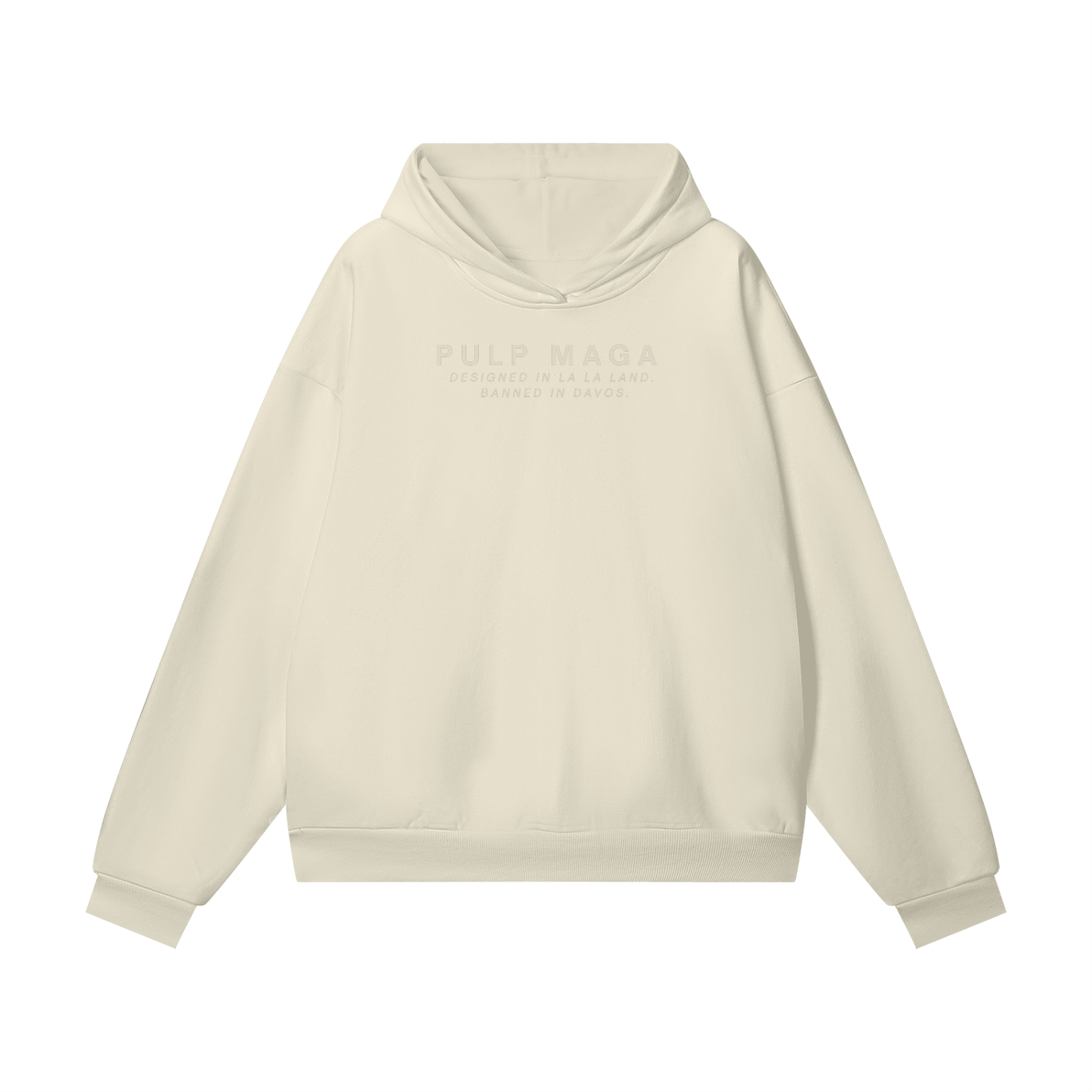 minimal aesthetic hoodie with subtle pulp maga text in fear of god style