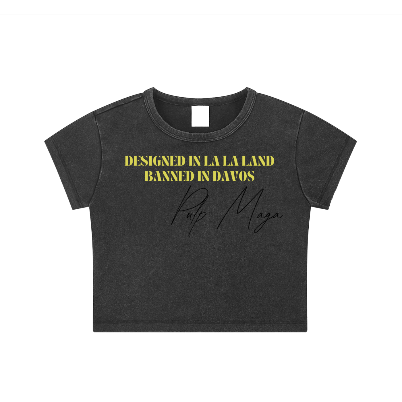 women maga wear black tee with anti globalist text banned in davos